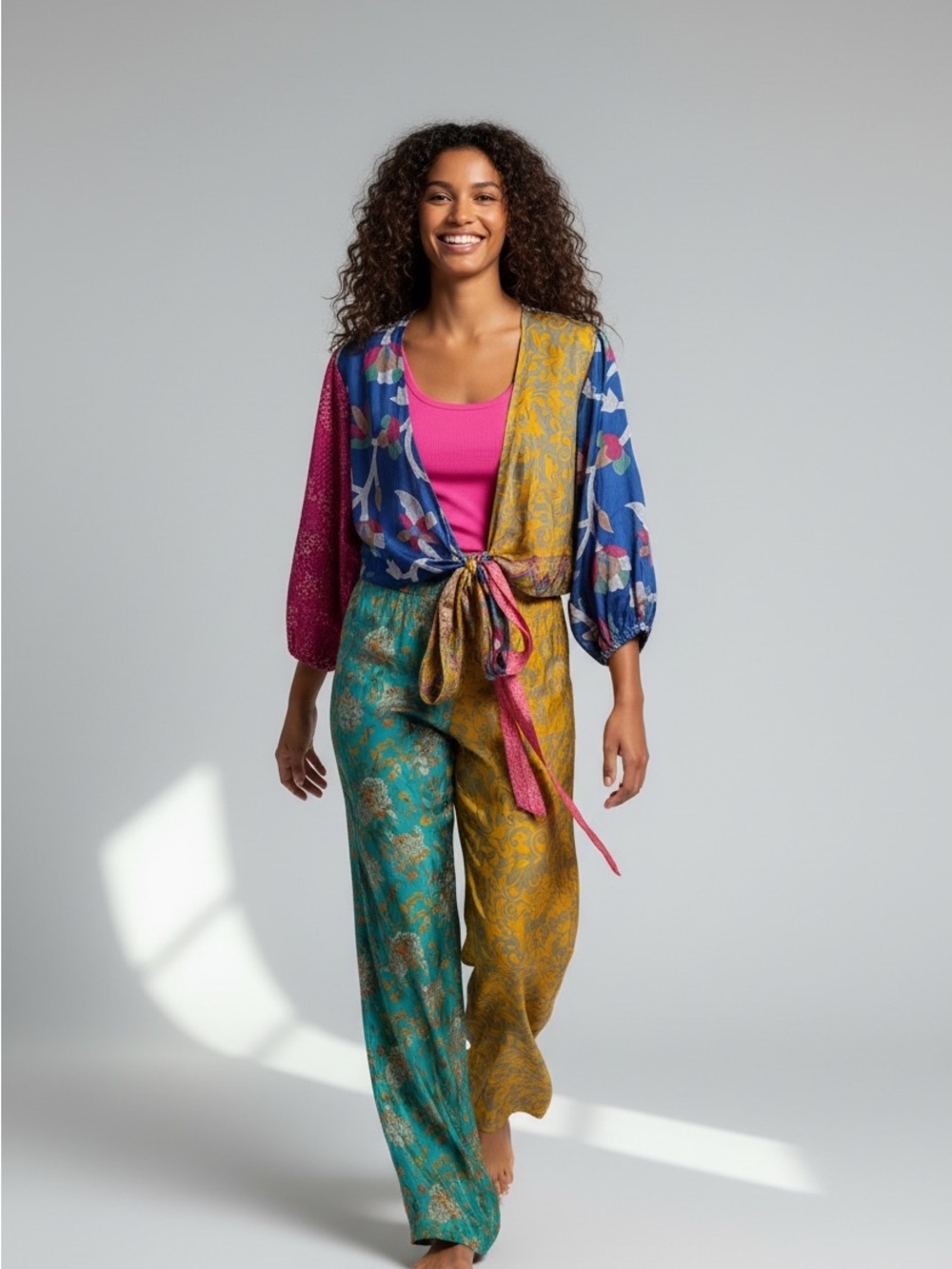 JADED GYPSY Mixed-Print WRAP Blouse in Pink, Blue & Yellow. BOHEMIAN STYLE